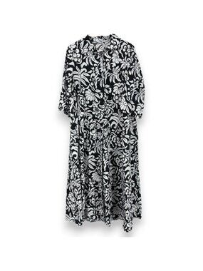 CIVICO 51 Women L Floral Shirt Dress Midi Black White Tropical Half Sleeve Light